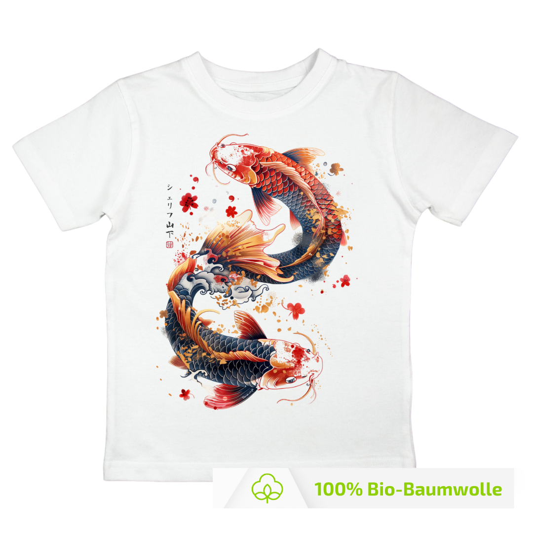 Japan Koi Premium T-Shirt "Dancing Koi" im Tattoo-Style von YAMASHITA für Kinder in weiss