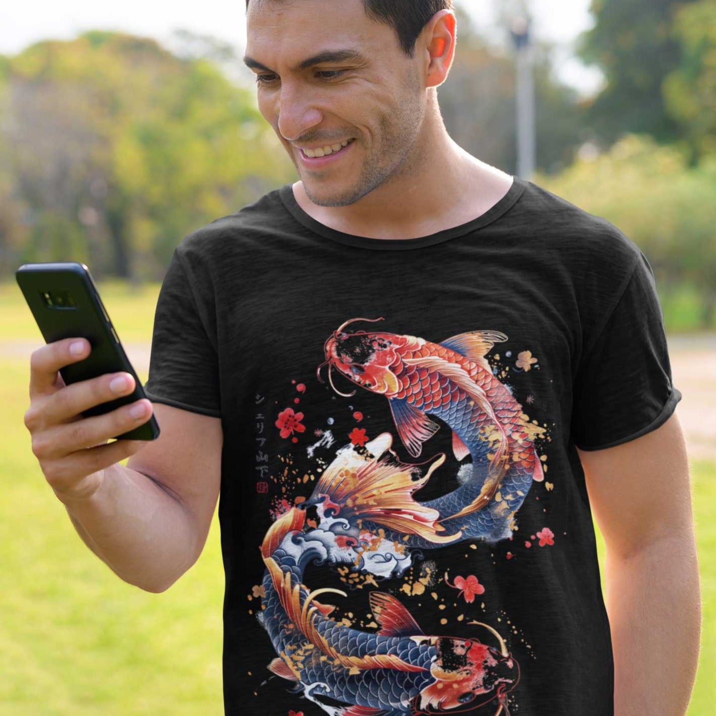 Japan Koi Herren T-Shirt "Dancing Koi" im Tattoo-Style von YAMASHITA in schwarz