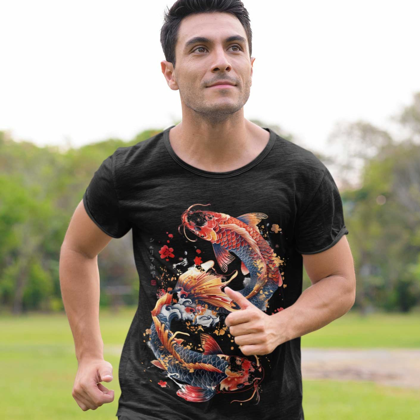 Japan Koi Herren T-Shirt "Dancing Koi" im Tattoo-Style von YAMASHITA in schwarz