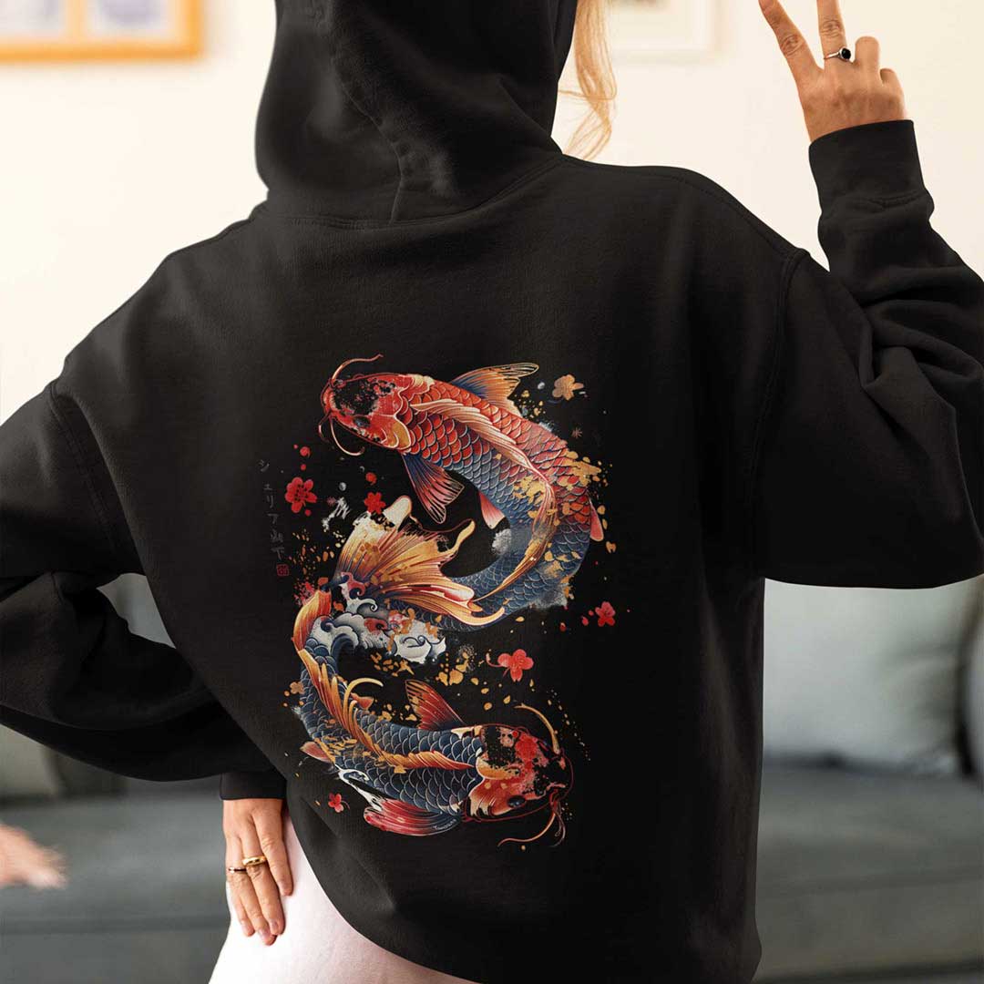 Japan Koi Hoodie Unisex Damen Herren "Dancing Koi" im Tattoo-Style von YAMASHITA in schwarz - Motiv hinten