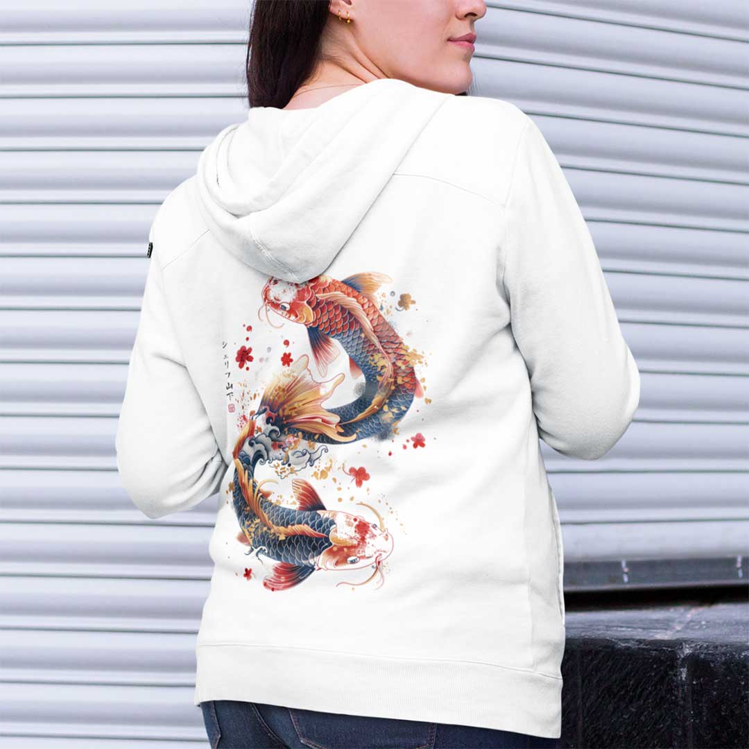 Japan Koi Hoodie Unisex Damen Herren "Dancing Koi"  im Tattoo-Style von YAMASHITA in off-white natur-weiss - Motiv hinten