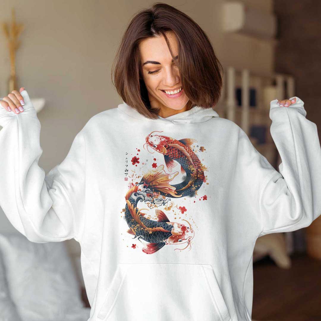 Japan Koi Premium Hoodie Unisex Damen Herren "Dancing Koi"  im Tattoo-Style von YAMASHITA in off-white natur-weiss - Motiv vorne