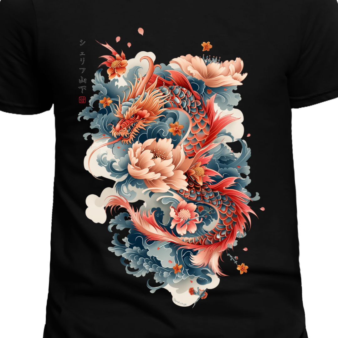 Japan Drachen Herren T-Shirt "Dragon & Flower" im Tattoo-Style von YAMASHITA in schwarz
