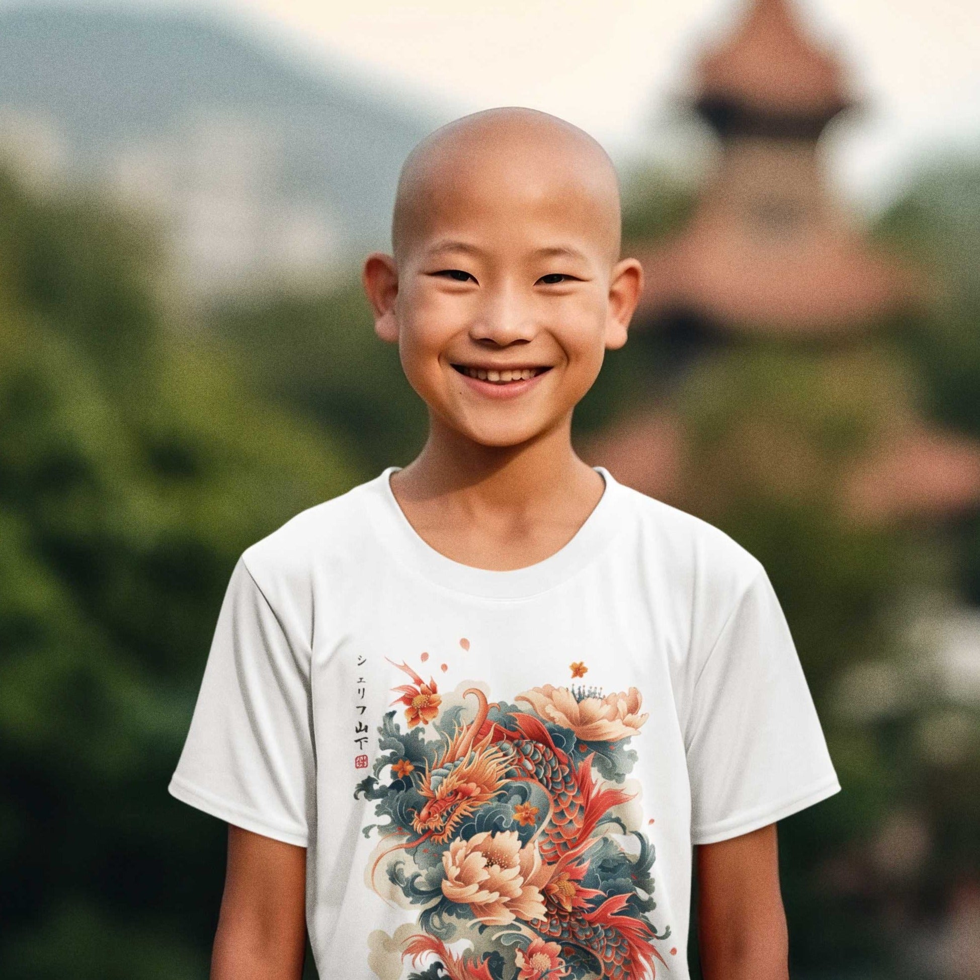 Japan Drachen Premium T-Shirt "Dragon & Flower" im Tattoo-Style von YAMASHITA für Kinder in weiss