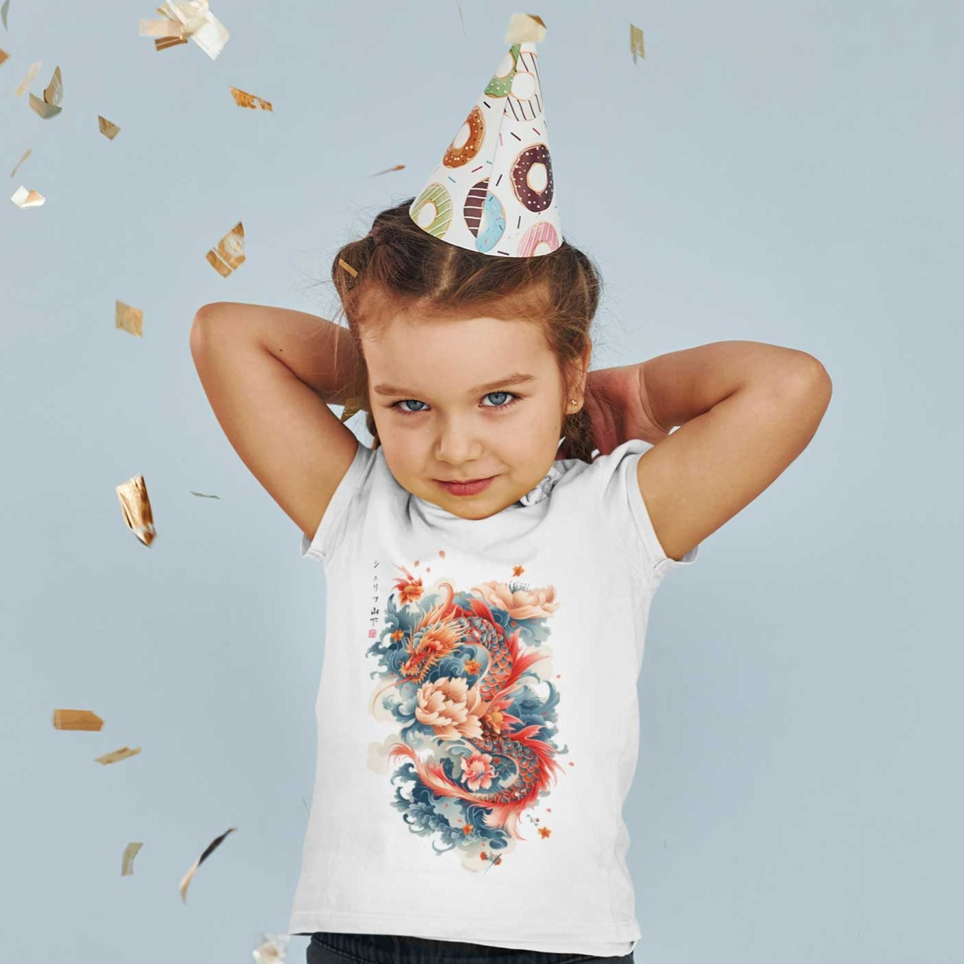 Japan Drachen Premium T-Shirt "Dragon & Flower" im Tattoo-Style von YAMASHITA für Kinder in weiss