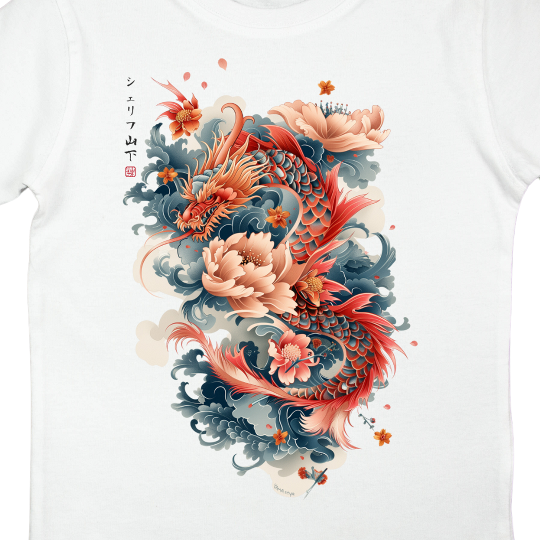 Japan Drachen Premium T-Shirt "Dragon & Flower" im Tattoo-Style von YAMASHITA für Kinder in weiss