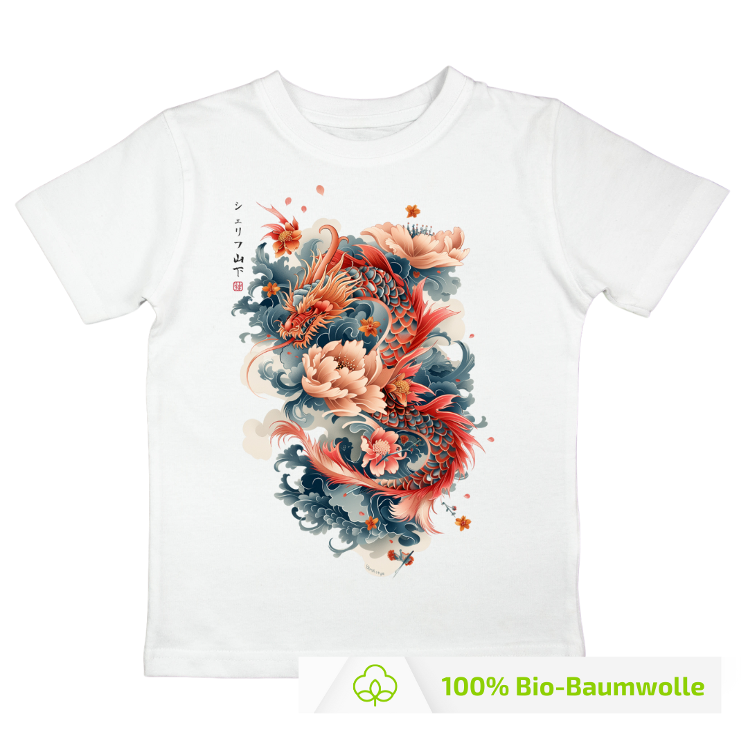Japan Drachen Premium T-Shirt "Dragon & Flower" im Tattoo-Style von YAMASHITA für Kinder in weiss