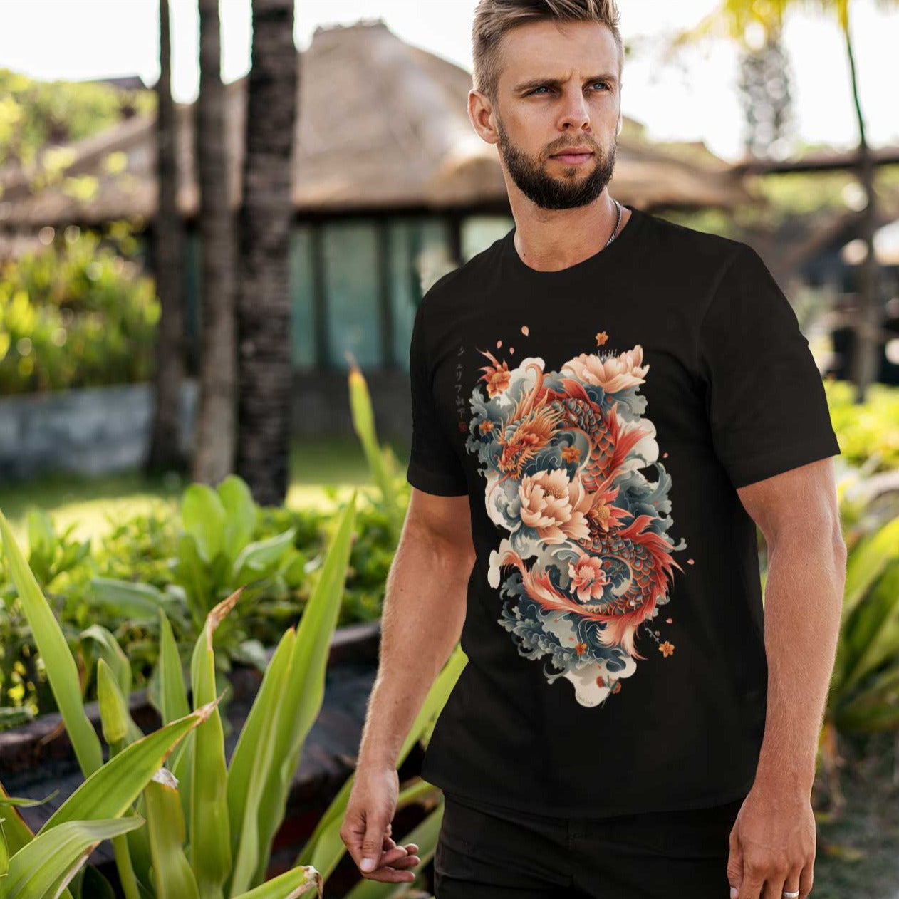 Japan Drachen Herren T-Shirt "Dragon & Flower" im Tattoo-Style von YAMASHITA in schwarz