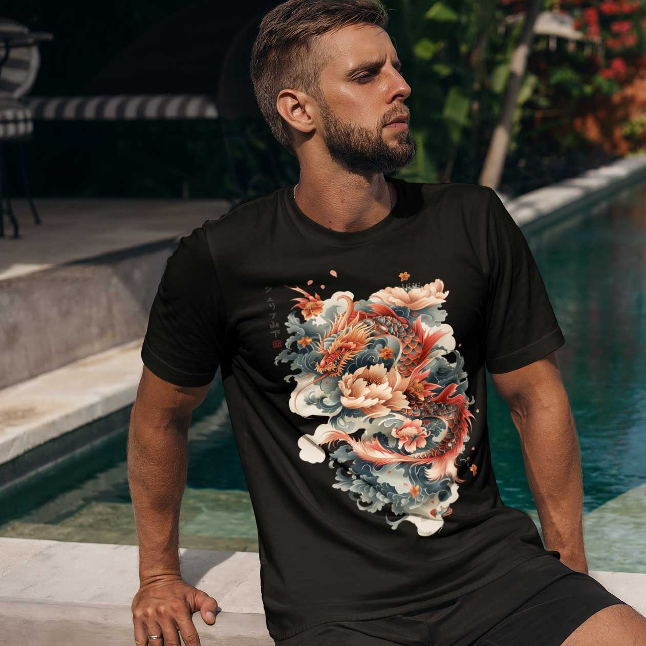 Japan Drachen Herren T-Shirt "Dragon & Flower" im Tattoo-Style von YAMASHITA in schwarz