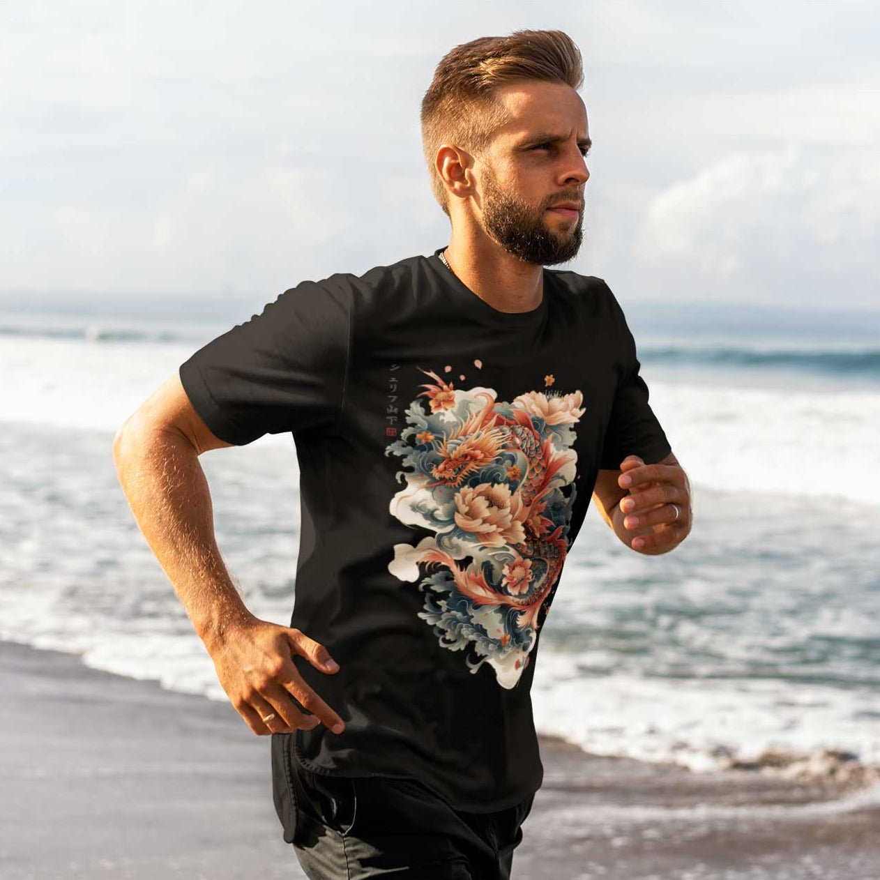 Japan Drachen Herren T-Shirt "Dragon & Flower" im Tattoo-Style von YAMASHITA in schwarz