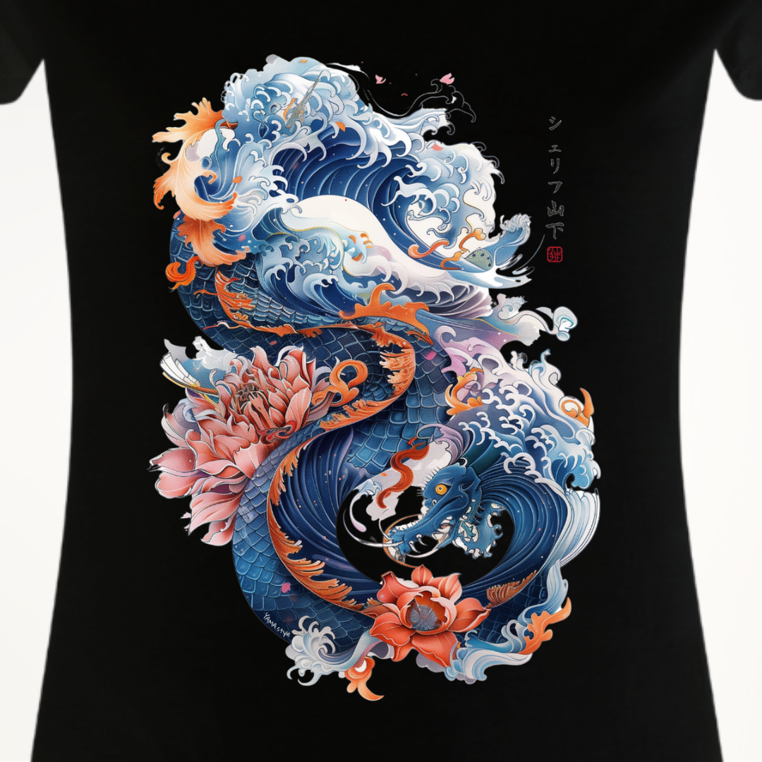 Japan Drachen Damen T-Shirt "Dragon & Waves" im Tattoo-Style von YAMASHITA in schwarz
