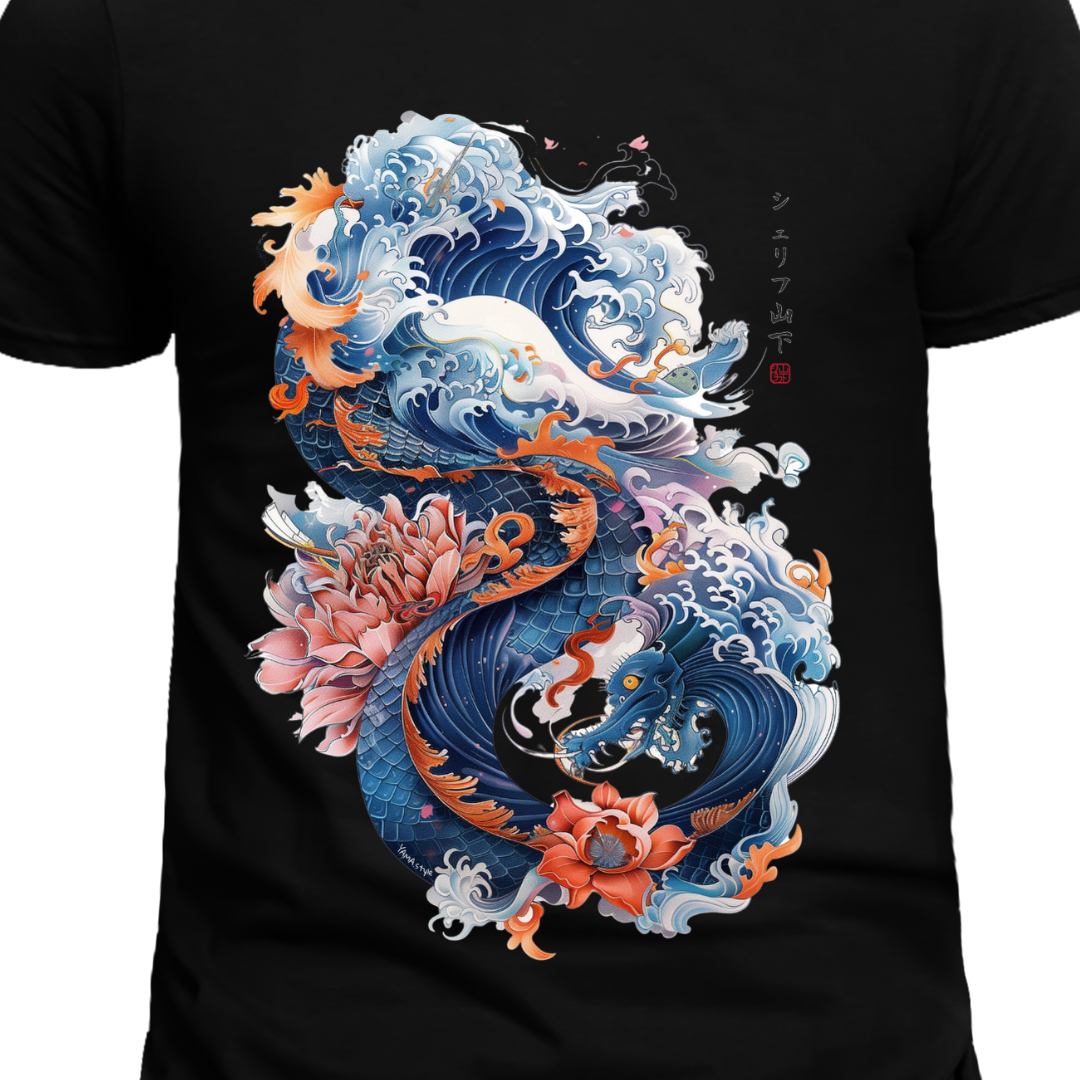 Japan Drachen Herren T-Shirt "Dragon & Waves" im Tattoo-Style von YAMASHITA in schwarz