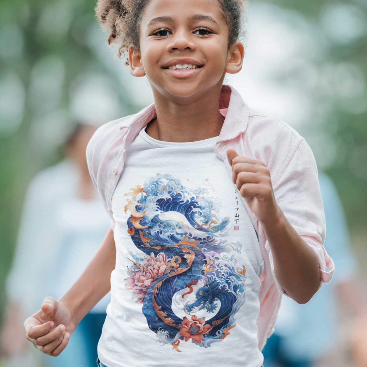 Japan Drachen Premium T-Shirt "Dragon & Waves" im Tattoo-Style von YAMASHITA für Kinder in weiss