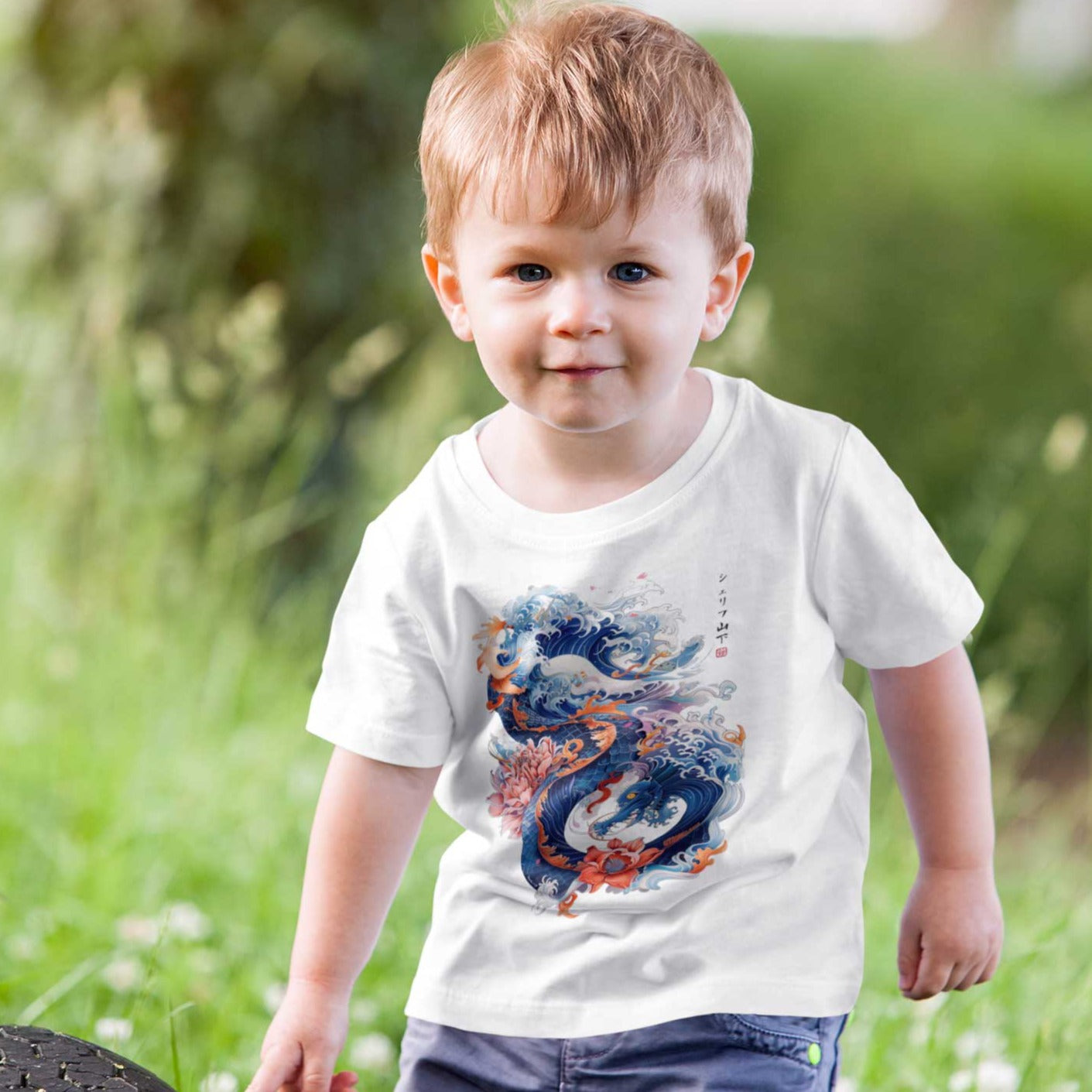 Japan Drachen Premium T-Shirt "Dragon & Waves" im Tattoo-Style von YAMASHITA für Kinder in weiss