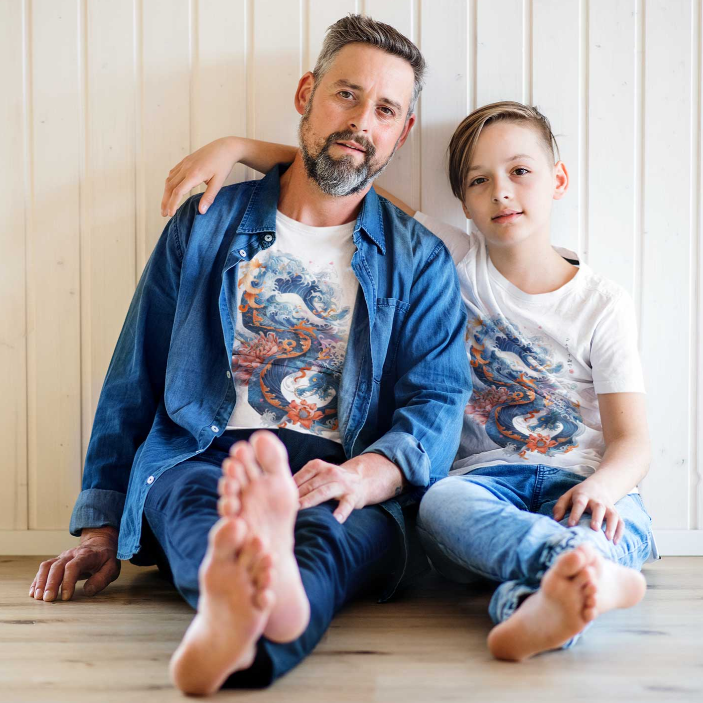 Japan Drachen Premium T-Shirt "Dragon & Waves" im Tattoo-Style von YAMASHITA für Kinder in weiss
