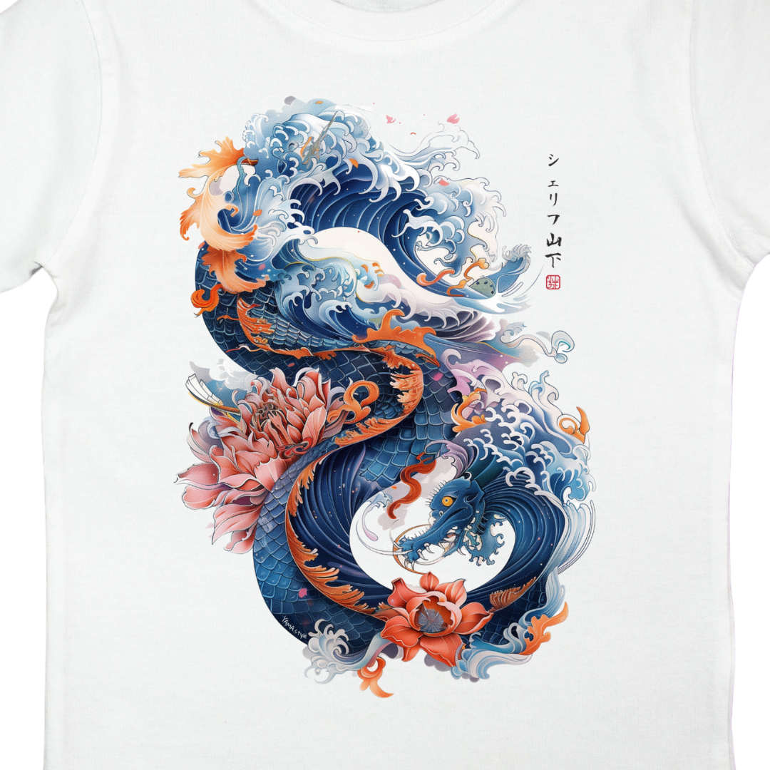 Japan Drachen Premium T-Shirt "Dragon & Waves" im Tattoo-Style von YAMASHITA für Kinder in weiss