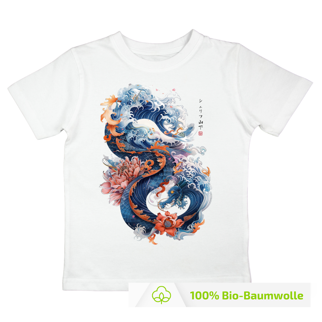 Japan Drachen Premium T-Shirt "Dragon & Waves" im Tattoo-Style von YAMASHITA für Kinder in weiss