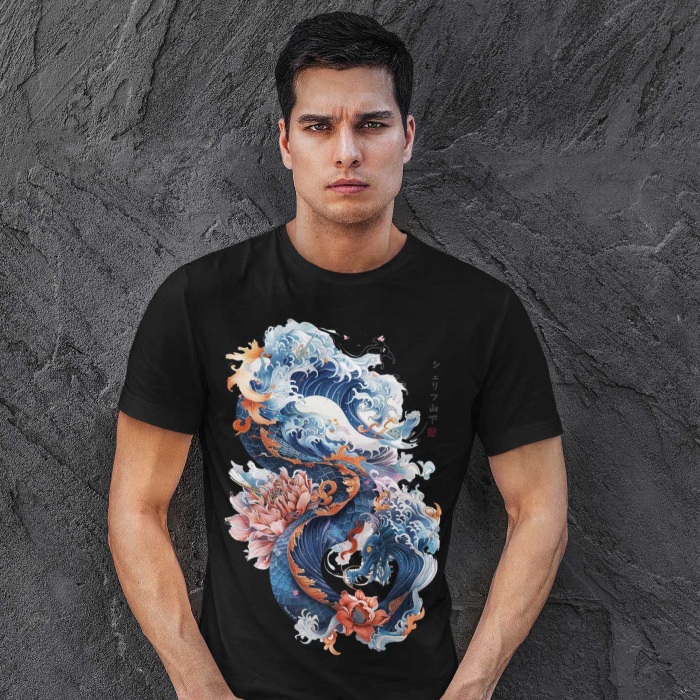 Japan Drachen Herren T-Shirt "Dragon & Waves" im Tattoo-Style von YAMASHITA in schwarz