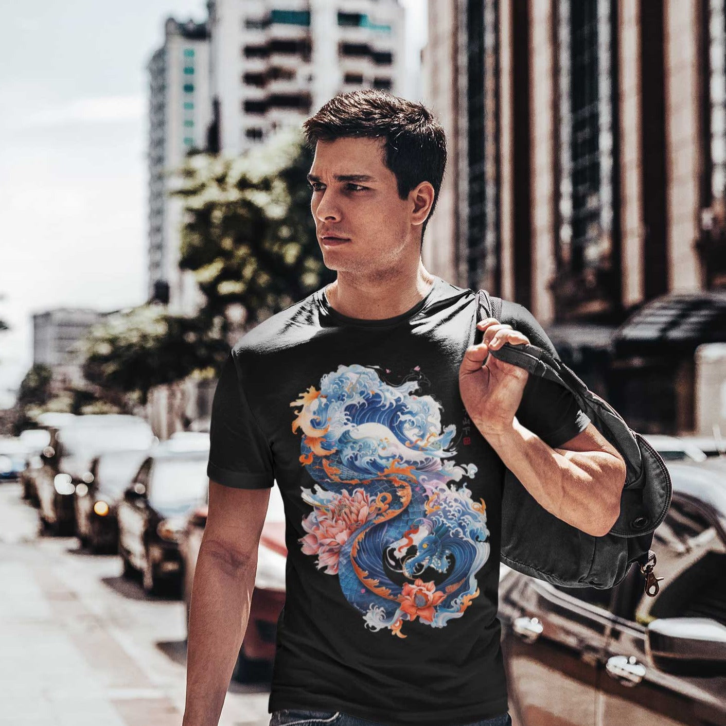 Japan Drachen Herren T-Shirt "Dragon & Waves" im Tattoo-Style von YAMASHITA in schwarz