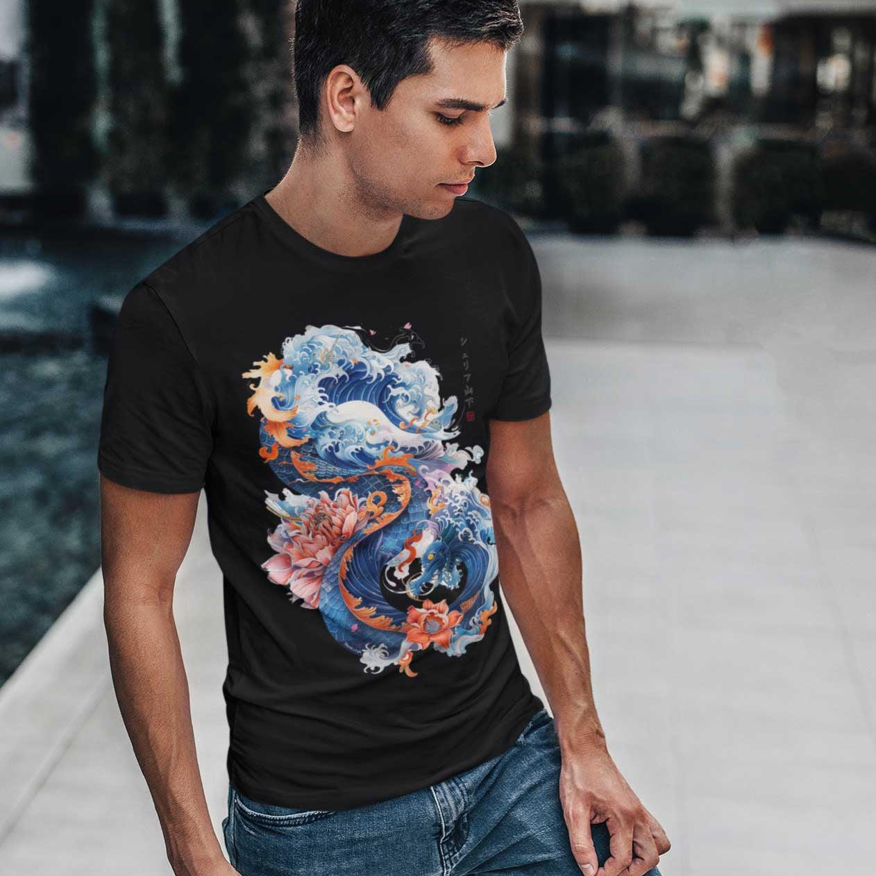 Japan Drachen Herren T-Shirt "Dragon & Waves" im Tattoo-Style von YAMASHITA in schwarz