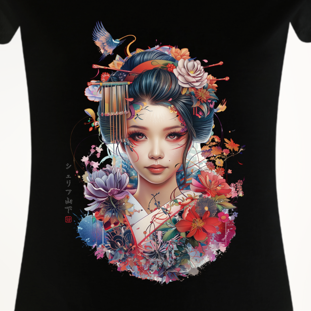 Japan Geisha Damen T-Shirt im Tattoo-Style von YAMASHITA in schwarz
