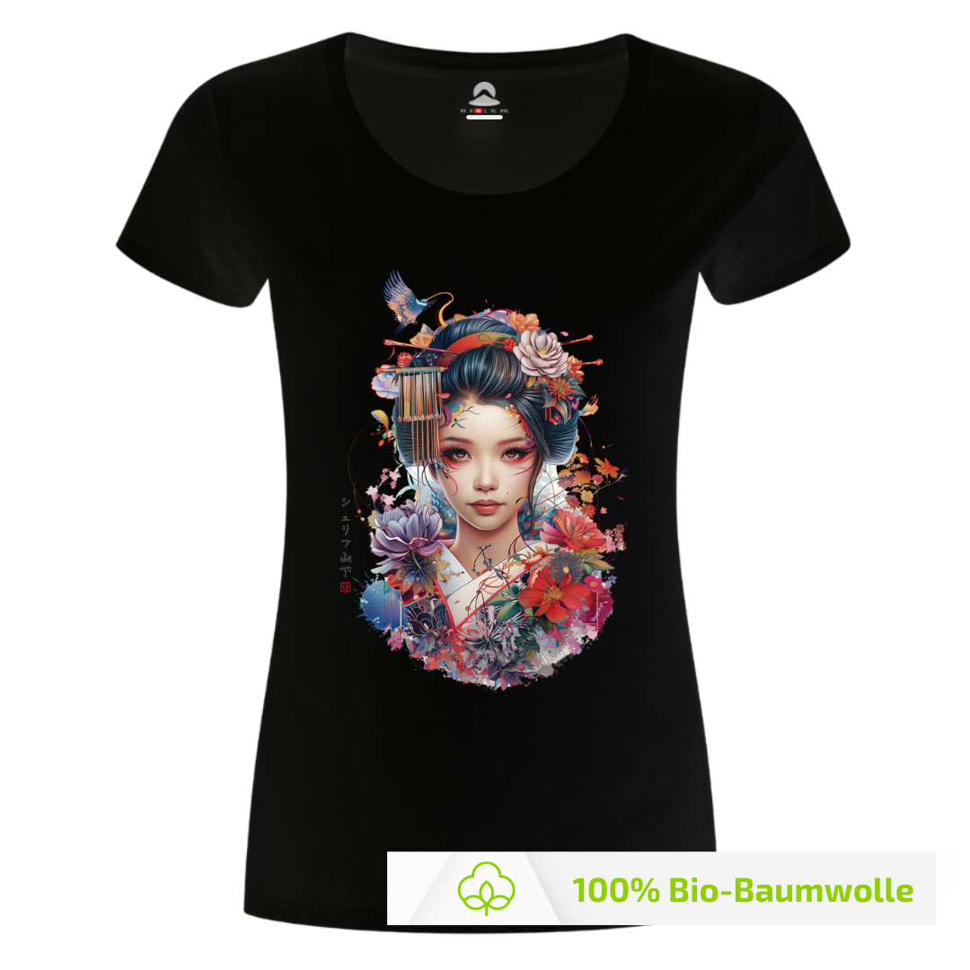 Japan Geisha Damen T-Shirt im Tattoo-Style von YAMASHITA in schwarz