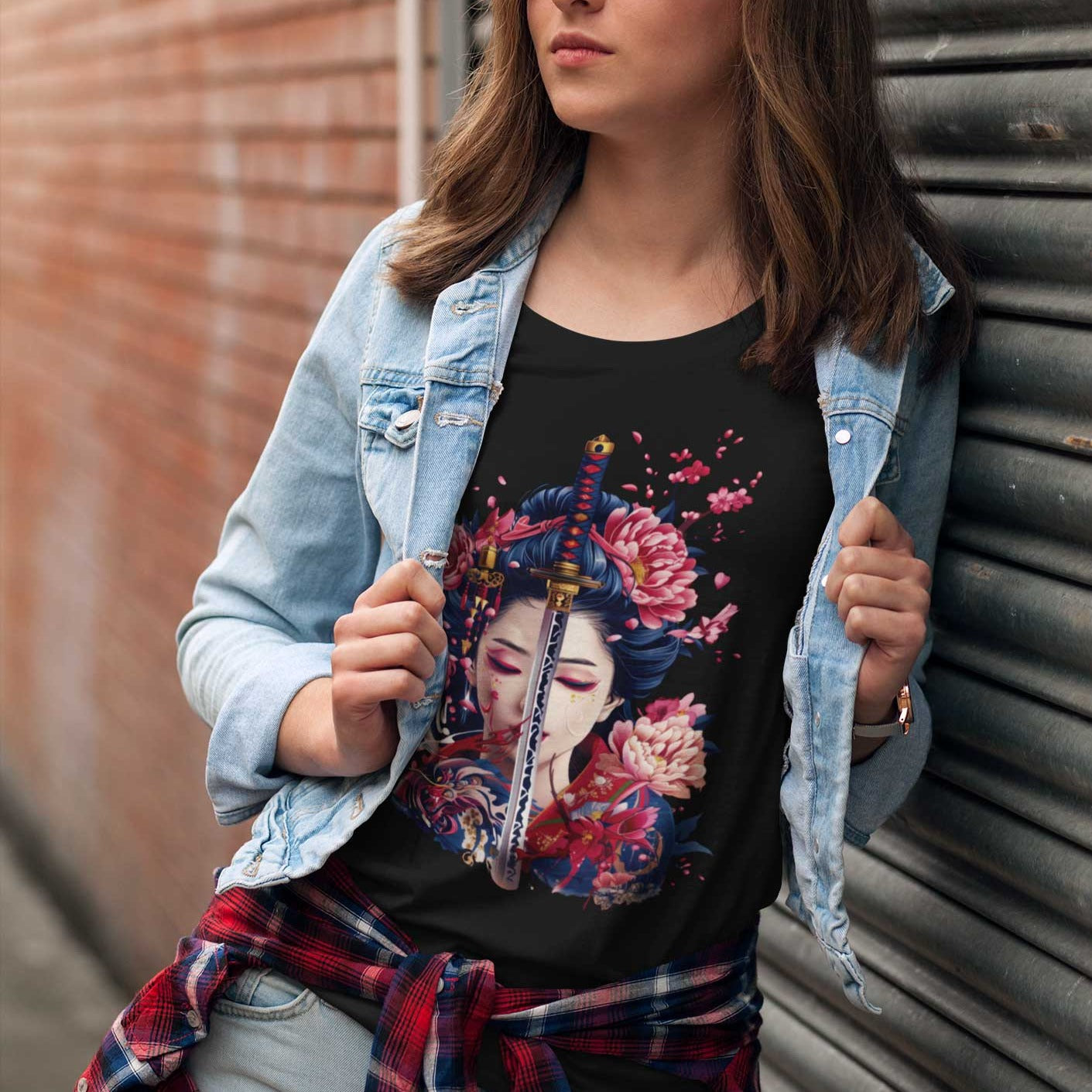 Japan Geisha Damen T-Shirt "Geisha & Sword" im Tattoo-Style von YAMASHITA in schwarz