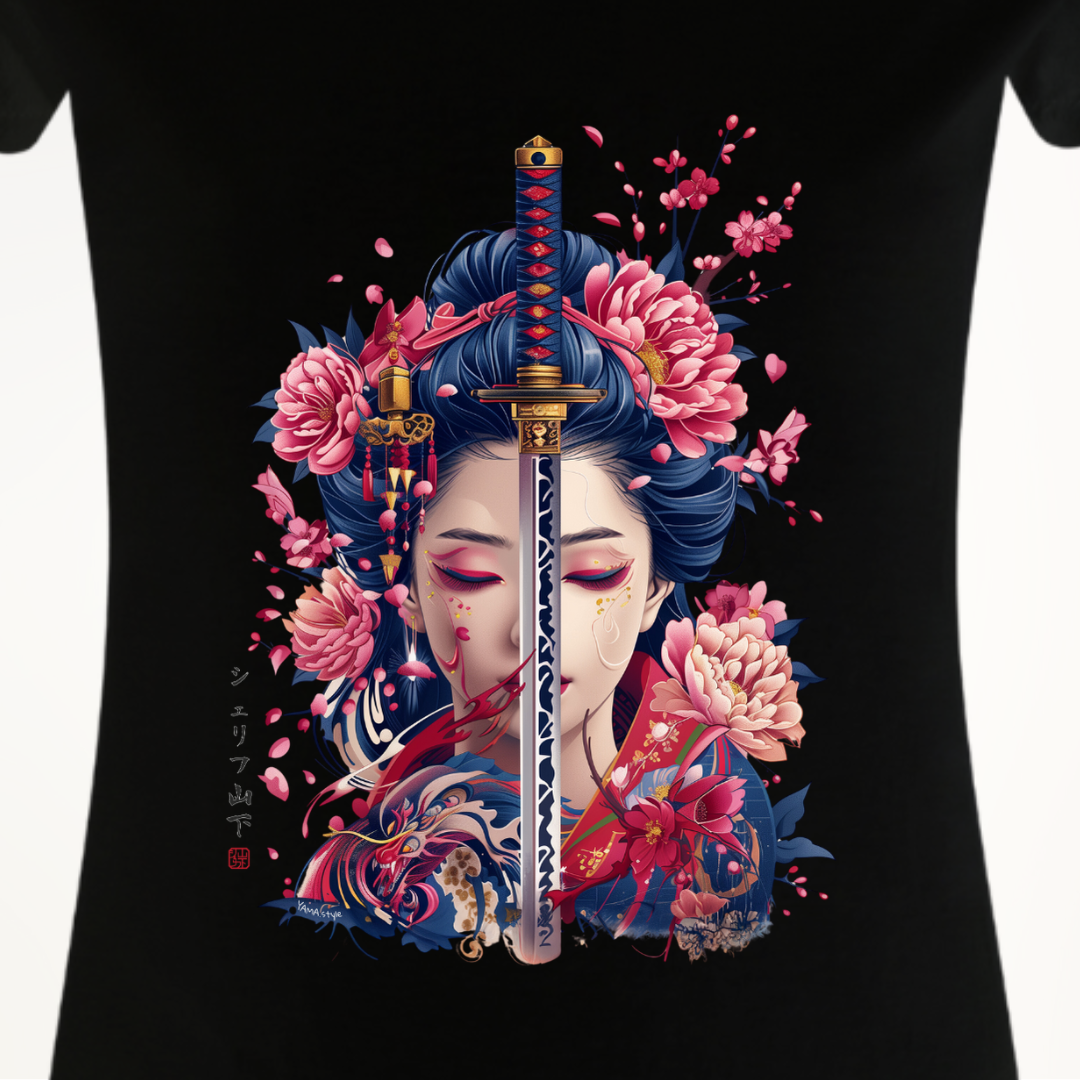 Japan Geisha Damen T-Shirt "Geisha & Sword" im Tattoo-Style von YAMASHITA in schwarz