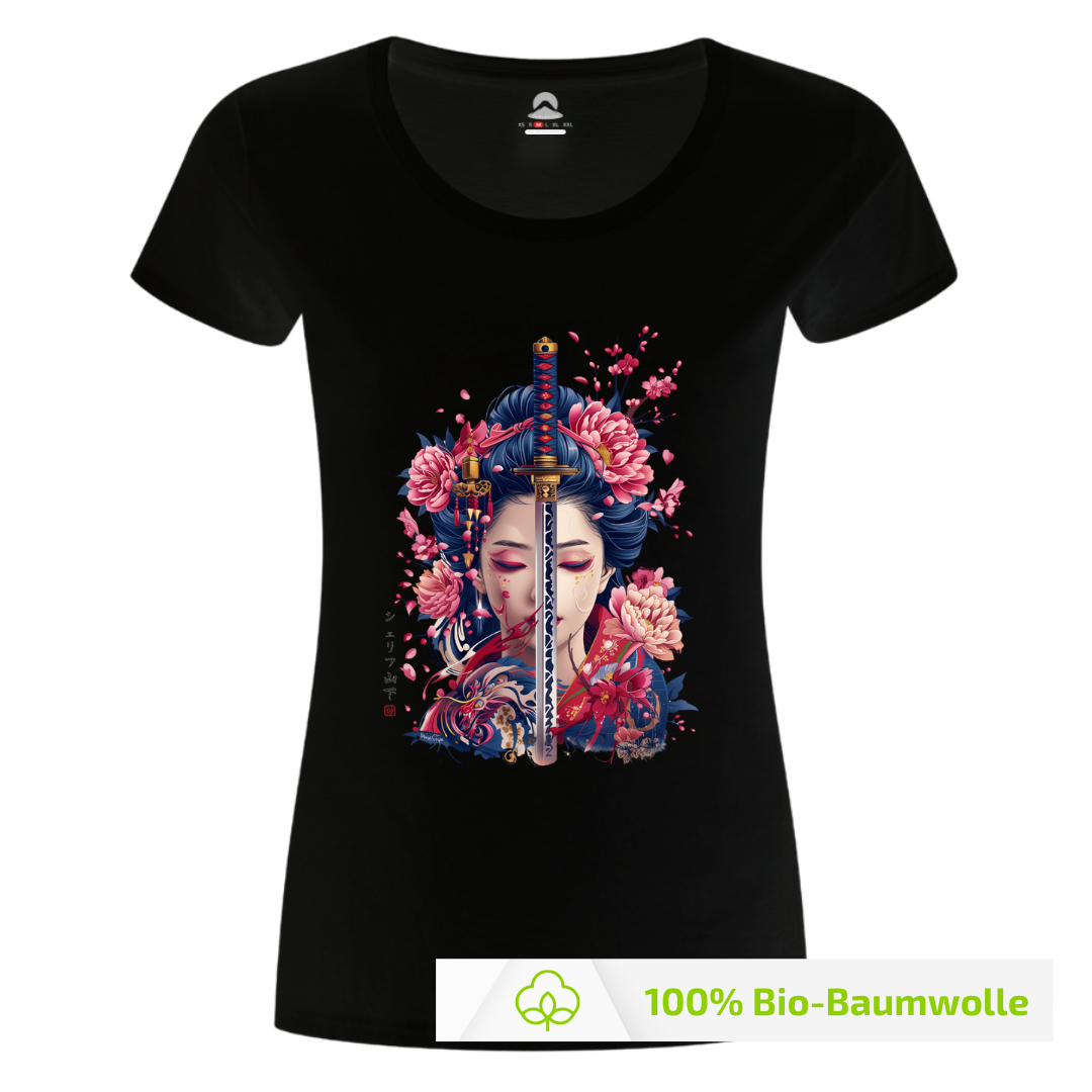Japan Geisha Damen T-Shirt "Geisha & Sword" im Tattoo-Style von YAMASHITA in schwarz