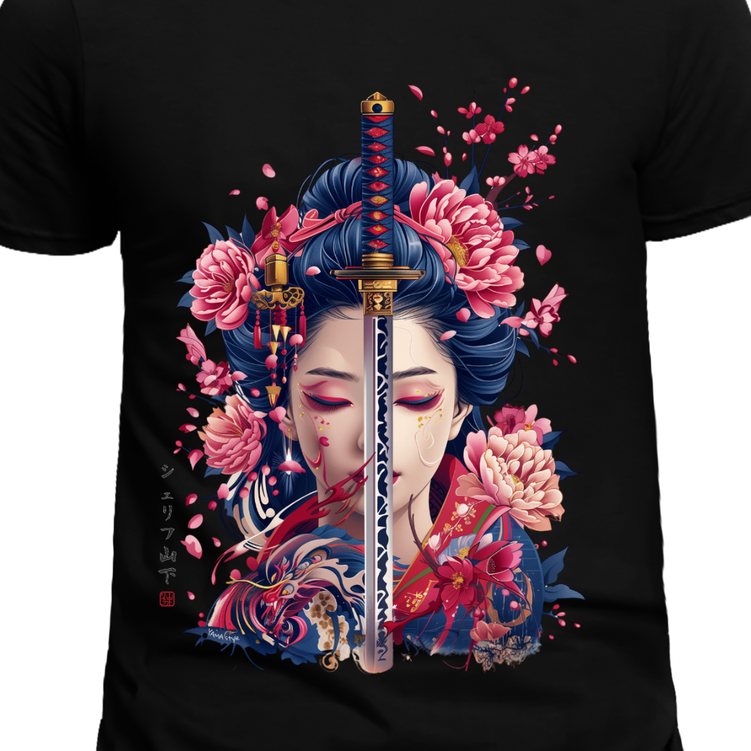 Japan Geisha Herren T-Shirt "Geisha & Sword" im Tattoo-Style von YAMASHITA in schwarz