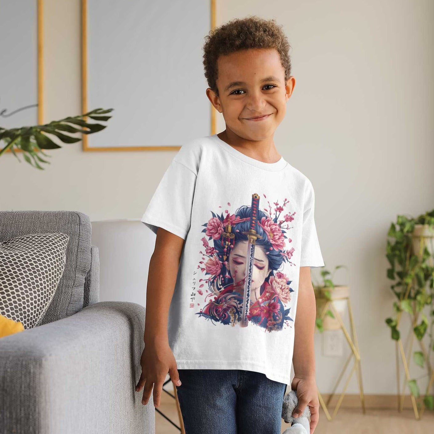Japan Geisha Katana Premium T-Shirt "Geisha & Sword" im Tattoo-Style von YAMASHITA für Kinder in weiss
