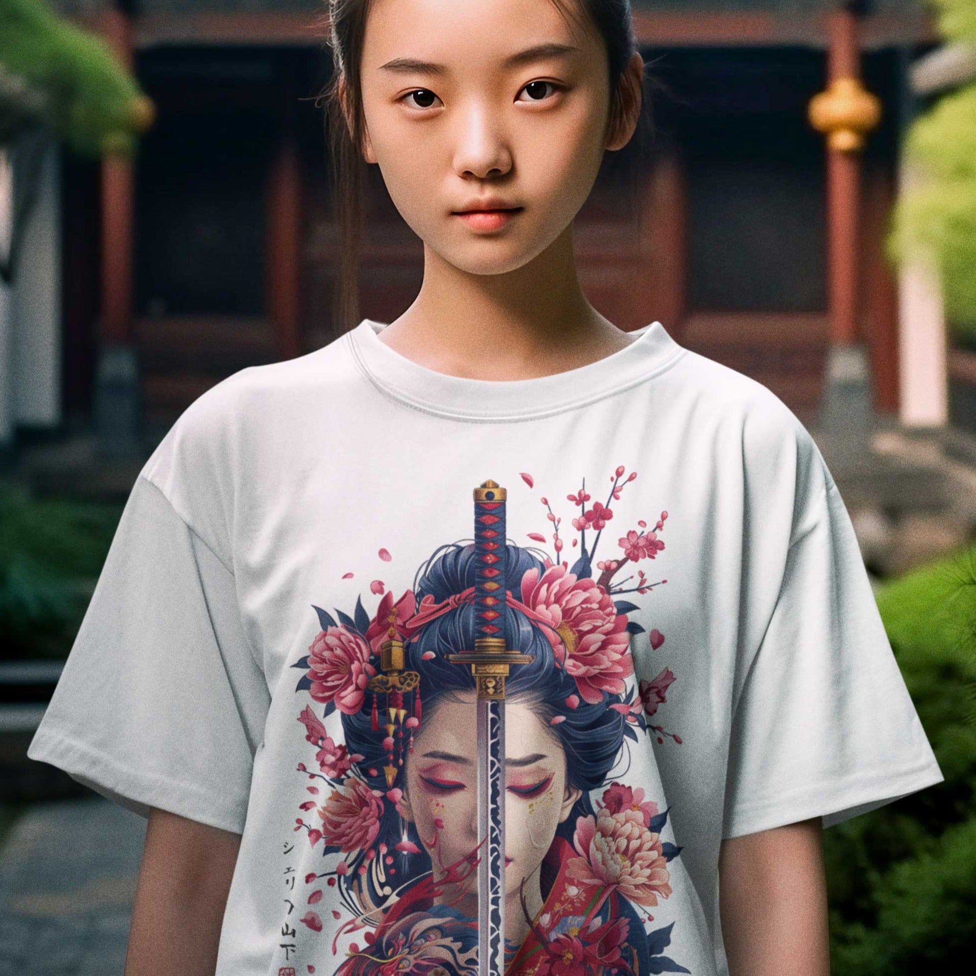 Japan Geisha Katana Premium T-Shirt "Geisha & Sword" im Tattoo-Style von YAMASHITA für Kinder in weiss