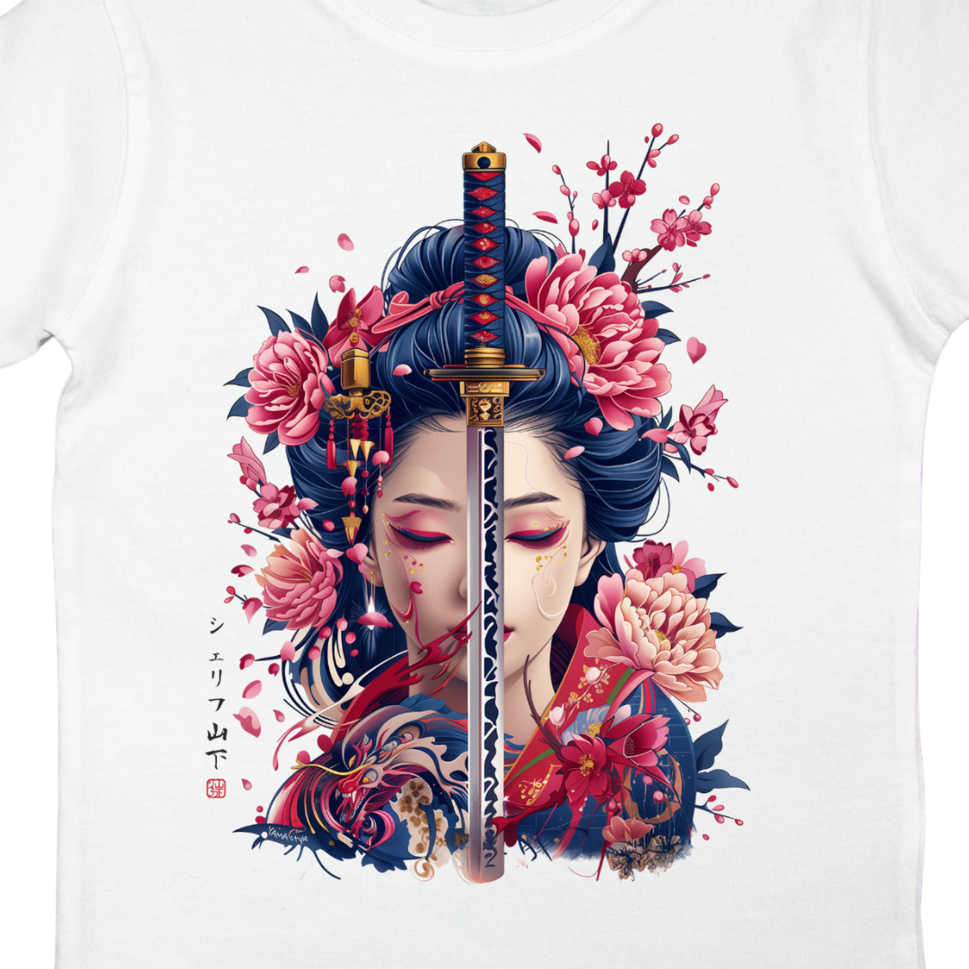 Japan Geisha Katana Premium T-Shirt "Geisha & Sword" im Tattoo-Style von YAMASHITA für Kinder in weiss