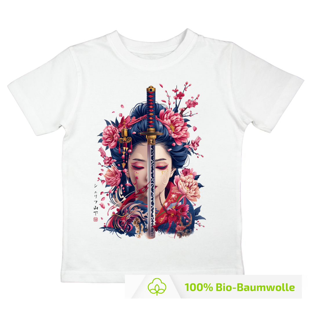 Japan Geisha Katana Premium T-Shirt "Geisha & Sword" im Tattoo-Style von YAMASHITA für Kinder in weiss