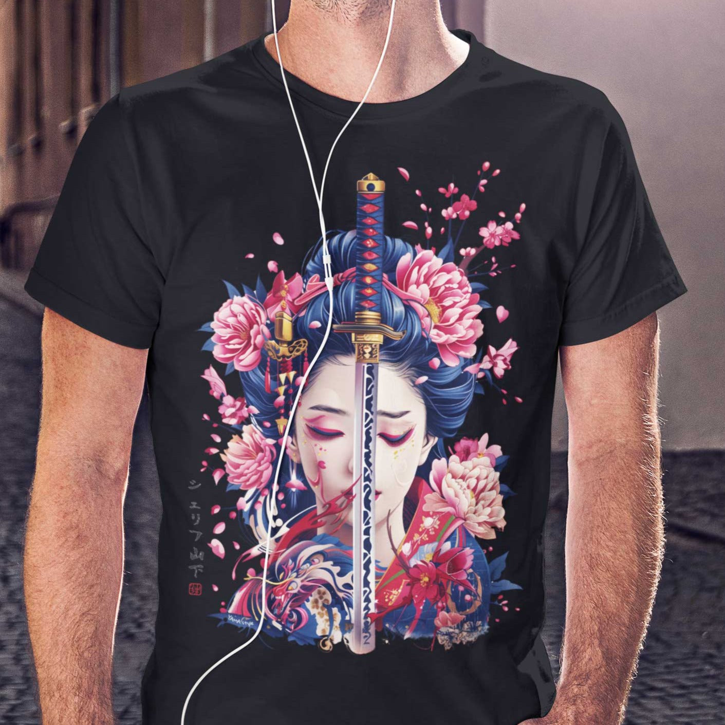 Japan Geisha Herren T-Shirt "Geisha & Sword" im Tattoo-Style von YAMASHITA in schwarz
