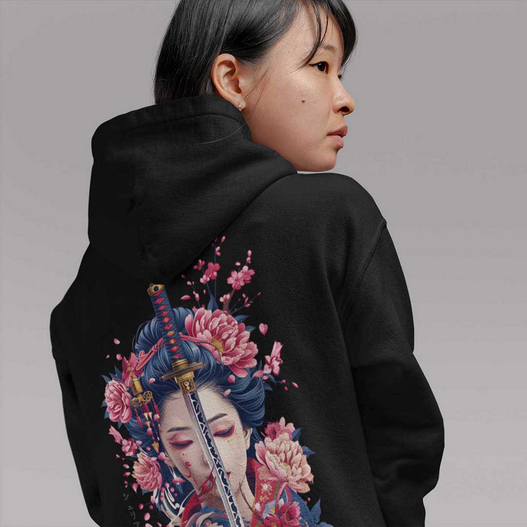 Japan Geisha Katana Hoodie Unisex Damen Herren "Geisha & Sword" im Tattoo-Style von YAMASHITA in schwarz - Motiv hinten