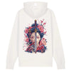 Japan Geisha Katana Hoodie Unisex Damen Herren "Geisha & Sword" im Tattoo-Style von YAMASHITA in off-white natur-weiss - Motiv hinten
