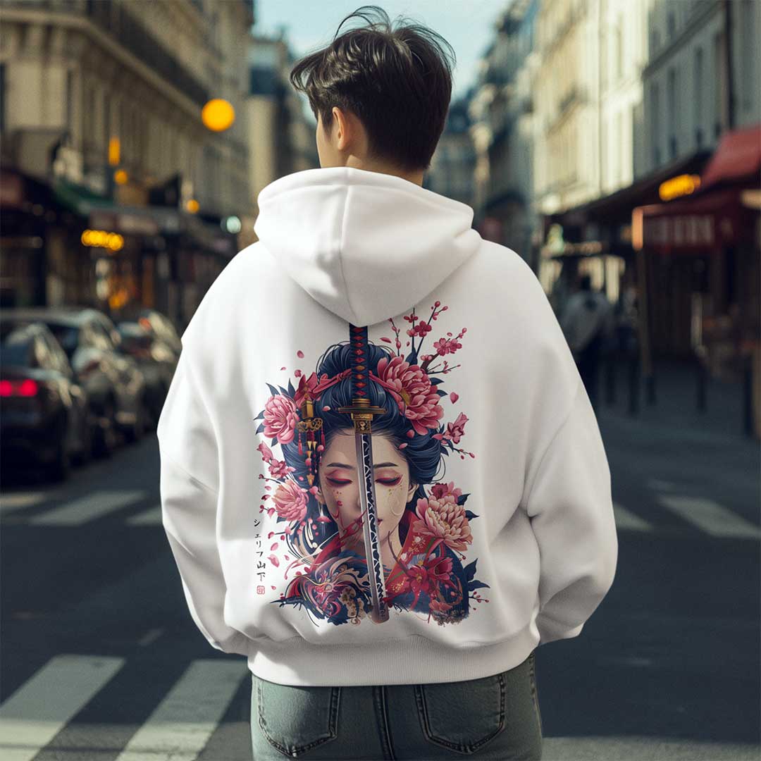 Japan Geisha Katana Hoodie Unisex Damen Herren "Geisha & Sword" im Tattoo-Style von YAMASHITA in off-white natur-weiss - Motiv hinten