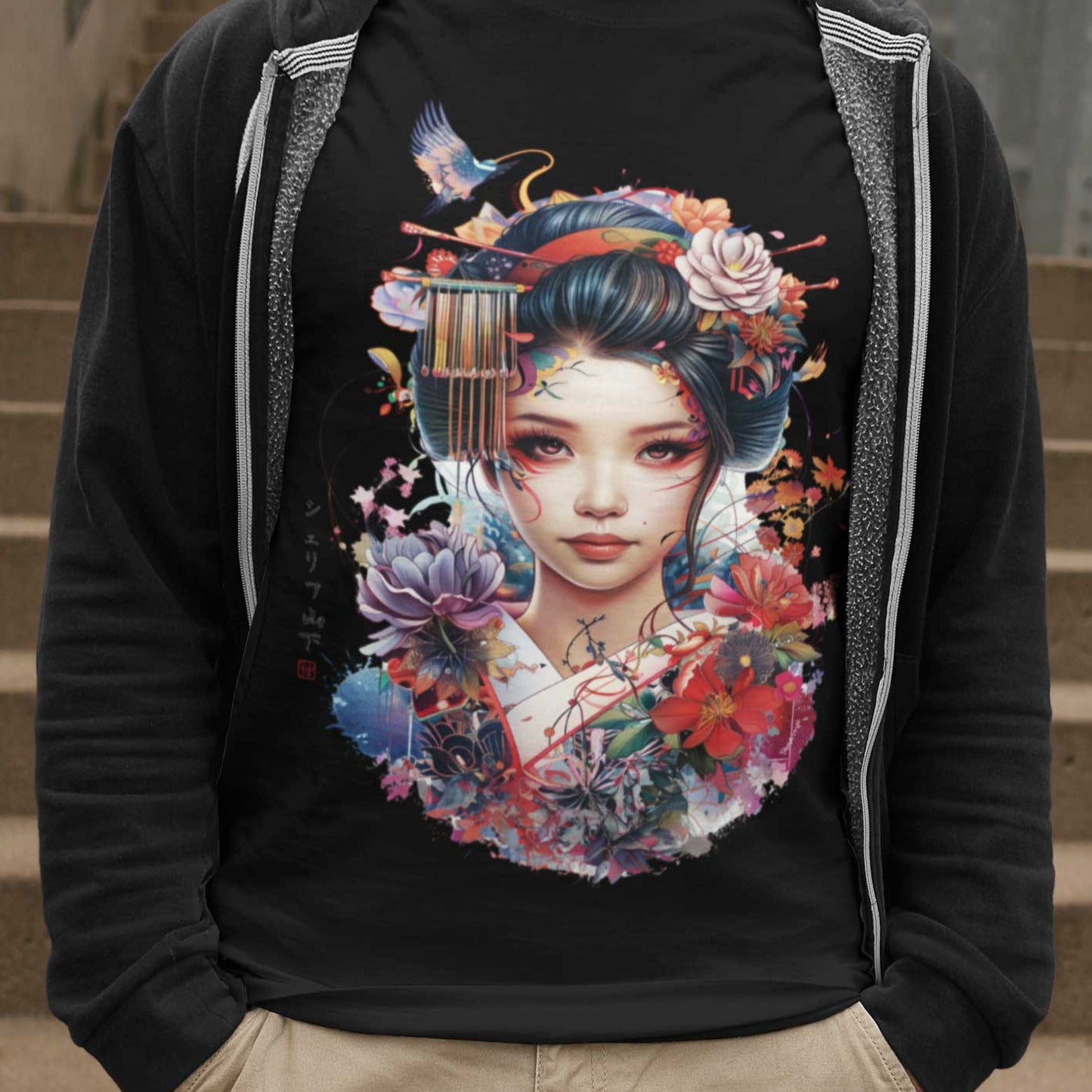 Japan Geisha Herren T-Shirt im Tattoo-Style von YAMASHITA in schwarz