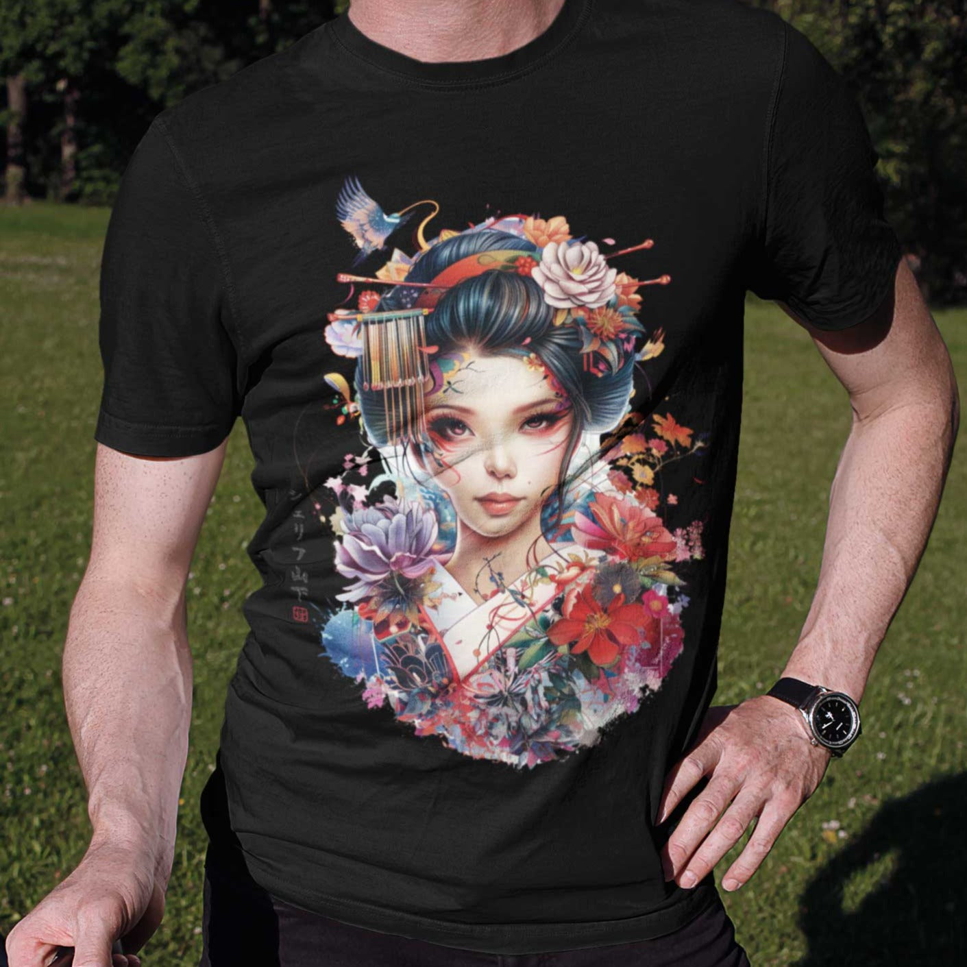 Japan Geisha Herren T-Shirt im Tattoo-Style von YAMASHITA in schwarz