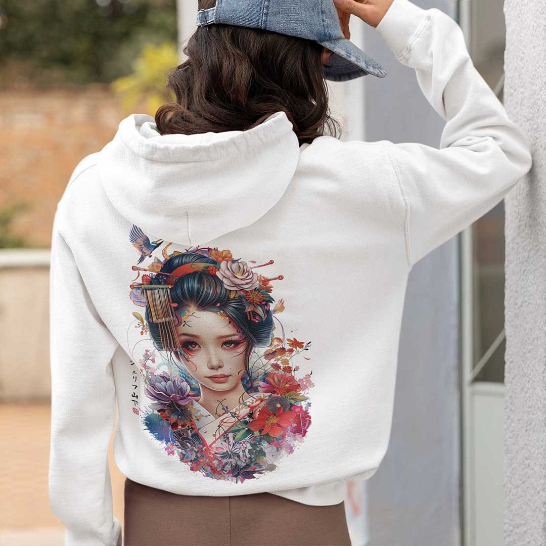 Japan Geisha Hoodie Unisex Damen Herren im Tattoo-Style von YAMASHITA in off-white natur-weiss - Motiv hinten