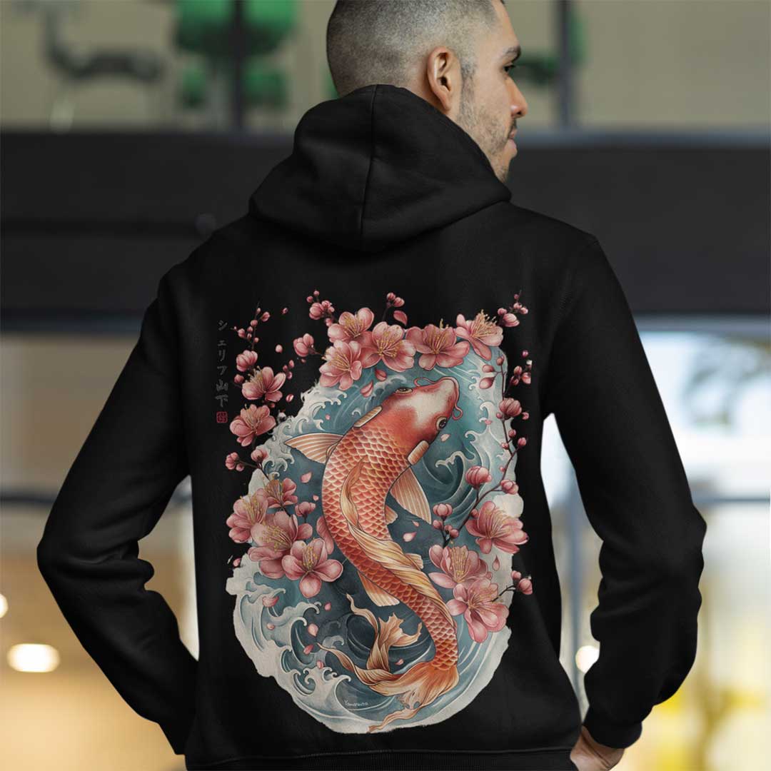 Japan Koi Hoodie Unisex Damen Herren im Tattoo-Style von YAMASHITA in schwarz - Motiv hinten