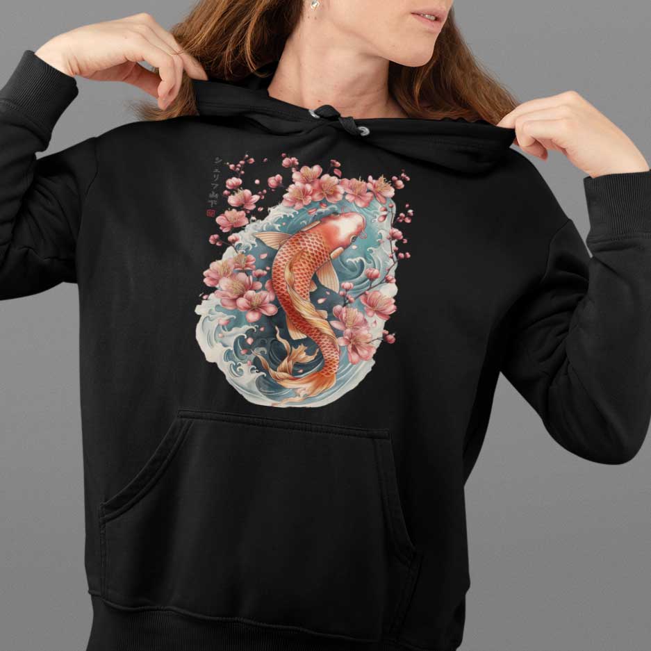 Japan Koi Premium Hoodie Unisex Damen Herren im Tattoo-Style von YAMASHITA in schwarz - Motiv vorne
