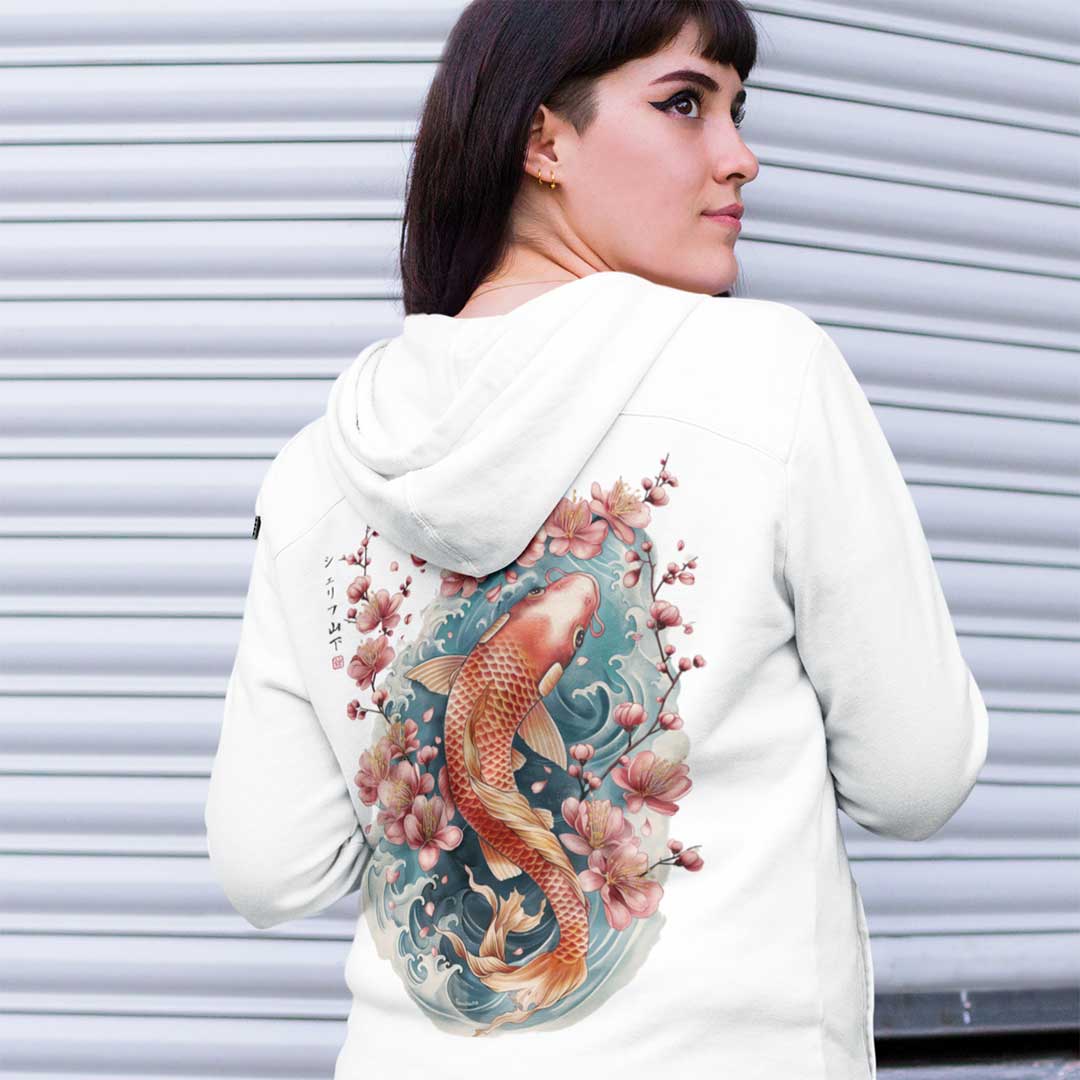 Japan Koi Hoodie Unisex Damen Herren im Tattoo-Style von YAMASHITA in off-white natur-weiss - Motiv hinten