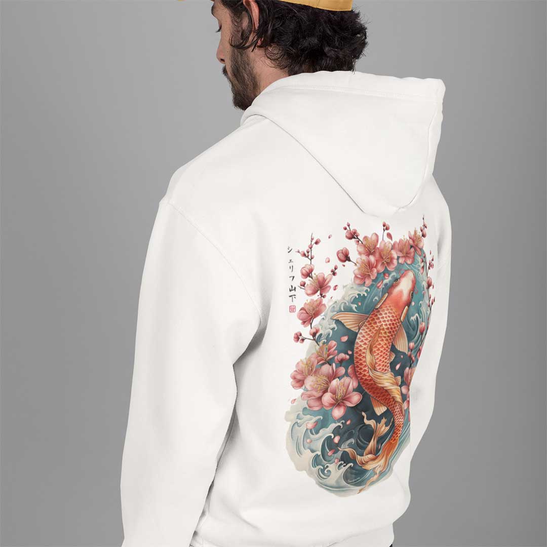 Japan Koi Hoodie Unisex Damen Herren im Tattoo-Style von YAMASHITA in off-white natur-weiss - Motiv hinten
