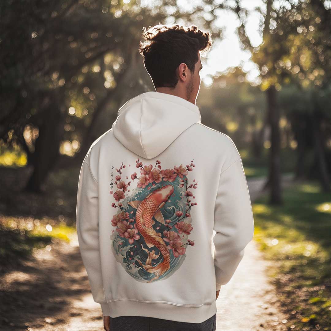 Japan Koi Hoodie Unisex Damen Herren im Tattoo-Style von YAMASHITA in off-white natur-weiss - Motiv hinten