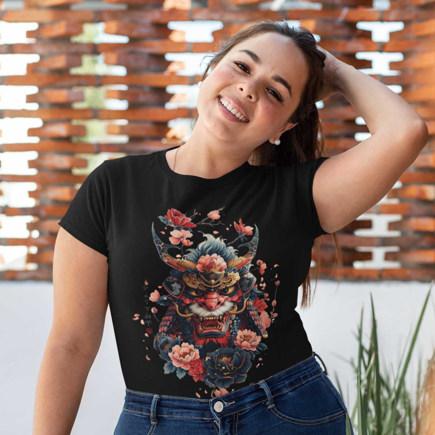 Japan Oni Damen T-Shirt im Tattoo-Style von YAMASHITA in schwarz