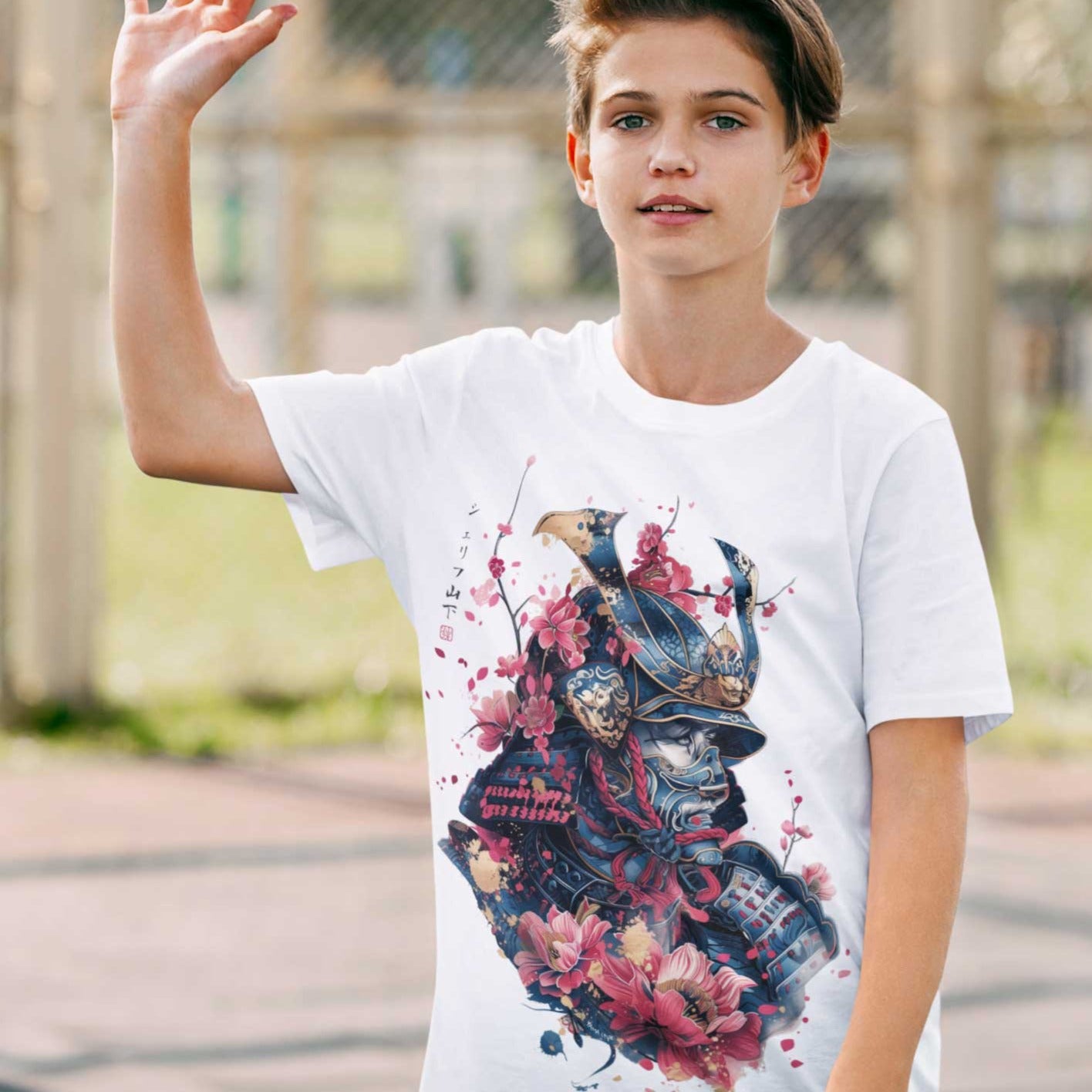 Japan Samurai T-Shirt im Tattoo-Style von YAMASHITA für Kinder in weiss