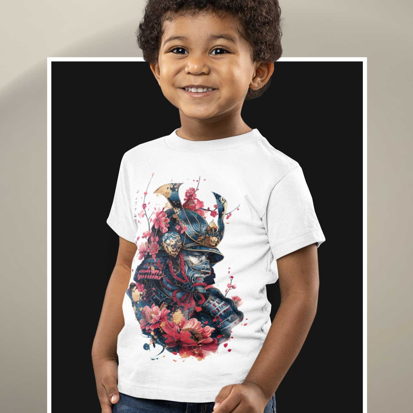 Japan Samurai T-Shirt im Tattoo-Style von YAMASHITA für Kinder in weiss