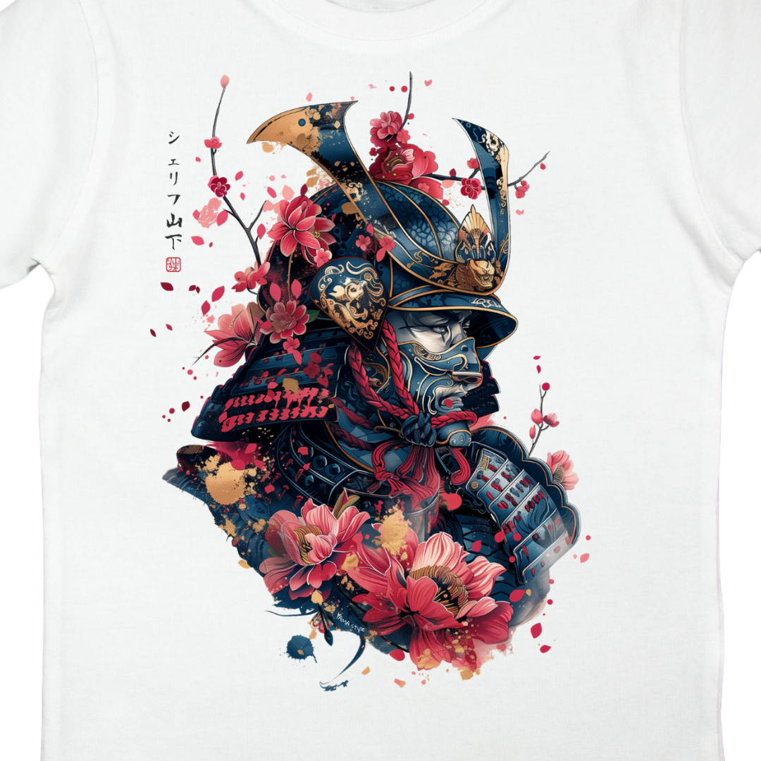 Japan Samurai T-Shirt im Tattoo-Style von YAMASHITA für Kinder in weiss